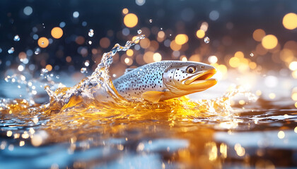 Wall Mural - trout leaping, water splash, night bokeh. fishing success