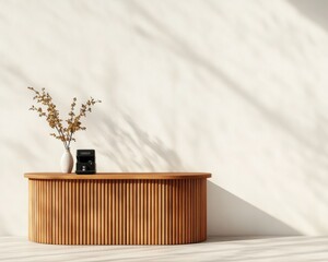 Aufkleber - Minimalist Retail Display Curved Wooden Counter with Vase and Whole-Leaf Plant - Enhancing Modern Business Aesthetic and Contactless Payment Interaction
