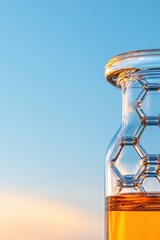 Poster - Sleek Molecular Structure Visualization Hexagonal Glass and Amber Liquid in High-Tech Research Setting - Innovation in Scientific Data Analysis and Laboratory Design