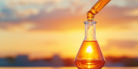 Poster - Sunset-inspired Lab Flask with Amber Liquid Sleek Glassware in Scientific Research Settings - Enhancing Analytical Precision for Biotech Innovation and Environmental Solutions