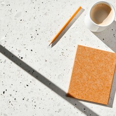 Poster - Minimalist Workspace Aesthetic Terrazzo Desk with Warm-Toned Notepad and Pencil - Enhancing Focus and Creativity for Modern Remote Work Environments