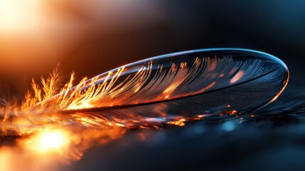 Poster - close-up of a delicate feather illuminated by warm light against a blurred colorful background