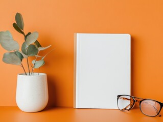 Aufkleber - Minimalist Workspace Design White Notepad with Eucalyptus in Ceramic Vase and Trendy Glasses on Orange Surface - Enhancing Modern Business Clarity and Creative Office Innovation