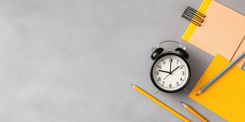 Poster - Vintage Alarm Clock and Minimalist Stationery on Concrete DeskBoost Time Management in Modern Workspaces with Retro-Inspired Organization Tools