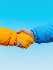 Leinwandbilder - Vibrant Winter Connection Colorful Gloved Handshake Against Clear Sky - Inclusive Networking Image for Community Engagement and Resilient Business Partnerships