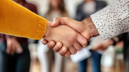 Aufkleber - Contemporary Office Collaboration Close-Up Handshake in Bright Modern Business Setting - Professional Networking Content and Corporate Success Imagery