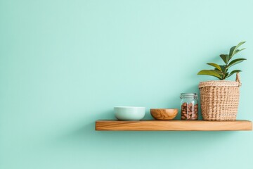 Aufkleber - Minimalist Pet Essential Shelf Contemporary Wooden Display with Ceramic Bowls and Woven Basket - Stylish Home Organization and Pet Brand Visuals