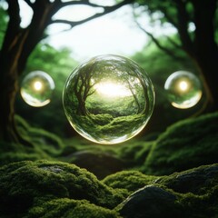 Aufkleber - Mystical Forest Experience Luminescent Orbs Within Mossy Landscape for Fantasy Gaming Environments and Immersive Visual Storytelling in Creative Media