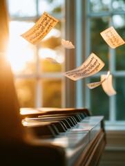 Poster - Melodic Learning Aesthetic Sunlit Piano Keys with Floating Musical Sheets - Contemporary Music Education Content for Creative Skill Development and Interactive Teaching Materials