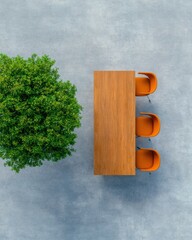 Poster - Industrial Minimalism Top-View Wooden Conference Table with Bright Orange Chairs on Concrete - Strategic Workspace Design for Modern Business Innovation and Collaborative Meetings