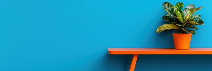 Poster - Vibrant Minimalist Desk Setup Bold Orange Desk Against Blue Wall with Green Plant Innovative Interior Design for Modern Home Offices and Remote Work Productivity