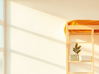 Poster - Minimalist Dorm Design Sunlit Loft Bed with Organized Storage Boxes in Bright Space - Compact Living Solutions for Modern Student Lifestyle