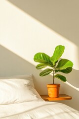 Poster - Minimalist Eco Dorm Decor Sunlit Floating Shelf with Potted Plant - Enhancing Small Space Living and Sustainable Design in Student Accommodations