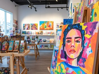 Aufkleber - Minimalist Vibrancy in Local Art Store Bright Canvas and Colorful Brushes on Light Wood Shelves - Enhancing Creative Spaces for Diverse Artistic Expression and Modern Retail Display