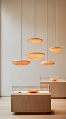 Poster - Futuristic Metallic Jewelry Display Fluid-Inspired Designs in Polish Wood Cases Under Dramatic Lighting for Modern Retail Interiors and Contemporary Marketing Strategies