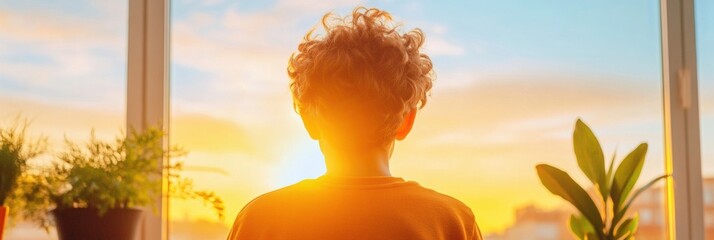 Fototapete - Golden Hour Study Vibes Young Boy at Eco-Friendly Desk with Wooden Accents and Plant Decor - Enhancing Digital Learning Spaces for Gen Z Academic Success