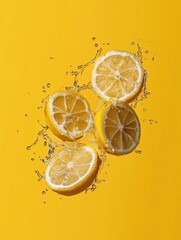 Poster - Citrus Splash Visuals Vibrant Lemon Slices in Motion on Pastel Yellow - Fresh Energy for Culinary Branding and FMCG Marketing Campaigns