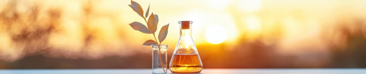 Aufkleber - Sunlit Lab Synchronicity Golden Serum in Glass Flask with Leaf Cutting - Advancing Biotech Content and Medical Research Promotion in Green Innovation