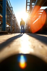 Poster - Sunlit Industrial Automation Technological Worker in Safety Gear Amid Textured Factories - Manufacturing Innovation and Efficiency for Modern Industry