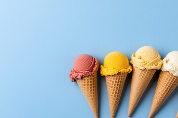 Aufkleber - Colorful Artisan Ice Cream Array Vibrant Waffle Cones on Minimalist Blue - Promoting Flavor Diversity in Digital Marketing and Trendy Dessert Merchandising