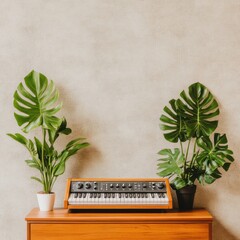 Aufkleber - Mid-Century Modern Digital Synthesizer on Wooden Desk with Monstera Plants - Aesthetic Home Studio Workspace and Stylish Music Production Setup for Modern Creatives