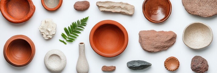 Poster - Rustic Pottery Showcase Clay Bowls and Textured Stones in Artisan Studio - Inspiring Creative Design and Interior Styling for Modern Crafts Businesses