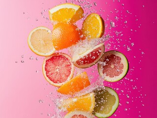 Aufkleber - Vibrant Fruit Splash Sculpture Citrus and Apple Layers in Dynamic Juice Droplets - Refreshing Beverage Marketing and Natural Energy Ad Content