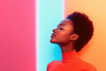 Aufkleber - Contemporary Wellness Aura Black Woman Engages in Smart Skincare Ritual Amidst Transformative Ambient Lighting - Elevating Tech-Infused Mindfulness for Holistic Health Industry