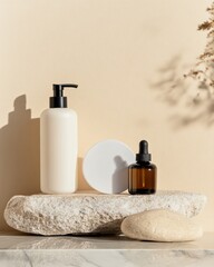 Poster - Minimalist Skincare Display Elegant Beige Self-Care Bottles on Textured Marble - Modern Wellness Branding and Luxury Beauty Merchandising for Premium Market Impact