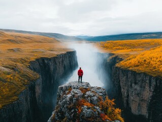 Poster - Sublime Nature Documentary Middle-Aged Hiker on Majestic Cliff Amid Waterfall Mist - Eco Adventure Content and Rugged Landscape Merchandising for Environmental Enthusiasts