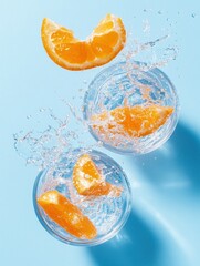 Aufkleber - Contemporary Splash Art Orange Slices in Water Against Minimalist Blue Backdrop - Visual Content for Refreshing Beverage Marketing and Modern Lifestyle Branding