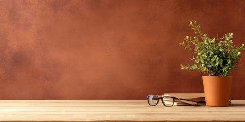 Aufkleber - Modern Rustic Workspace Eyeglasses on Wooden Desk with Potted Plant and Notebooks - Inspiring Green Office Decor and Sustainable Study Setup for Enhanced Productivity