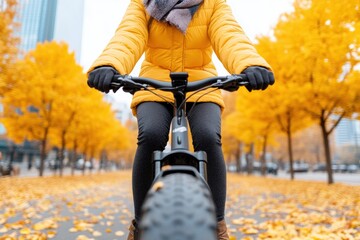 Poster - E-Mobility Chic 35-Year-Old Korean Woman in Stylish Autumn Attire on E-Bike - Urban Sustainability and Modern Transport Promo