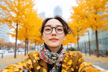 Aufkleber - Chic E-Mobility Lifestyle Young Korean Woman Navigates Autumn Urban Paradise on E-Bike - Sustainable Commuting Vision for Modern Cities