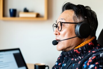 Aufkleber - Elegant Virtual Learning Space Senior Professional Engaging in Digital Corporate Training within Modern Home Office Enhancing Career Growth and Executive Coaching Strategies