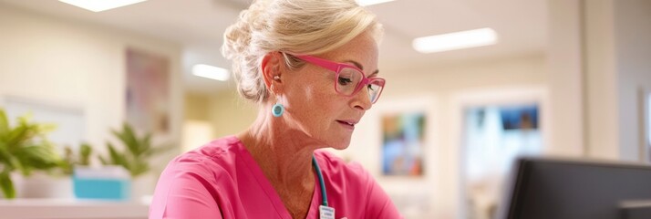 Aufkleber - Contemporary Healthcare Office Attentive Receptionist Assisting Patients in Soft-Lit, High-Detail Workspace - Enhancing Patient Experience and Workflow Efficiency