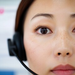 Leinwandbilder - Clean Aesthetic in Hospital Reception East Asian Receptionist with Headset - Enhancing Patient Interaction and Professional Efficiency in Modern Healthcare Settings
