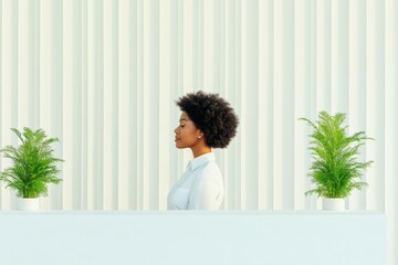 Aufkleber - Futuristic Health Hub Young Black Woman at Touchless Check-In Station with Digital Card in Minimalist Reception - Tech Innovations in Healthcare and Community Wellness
