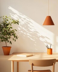 Poster - Biophilic Office Desk Setup Natural Wood and Terracotta with Greenery - Modern Workspace Aesthetic for Enhanced Creativity and Productivity in Corporate Environments