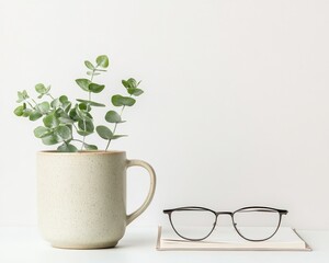 Aufkleber - Minimalist Office Decor Ceramic Mug with Eucalyptus and Glasses on Soft White Desk - Refreshing Workspace Aesthetic for Modern Wellbeing and Mental Clarity