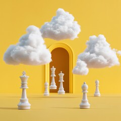 Fototapete - Surreal Cloud Chess Fluffy Shapes in Bold Yellow Room - Modern Art for Innovative Strategic Thinking and Cognitive Skill Development in Creative Industries