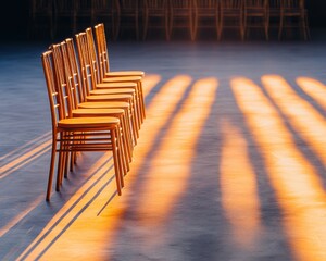 Poster - Contemporary Wooden Seating Arrangement Sunlit Ceremony Venue with Minimalist Aesthetic - Event Planning Showcase for Modern Professional Gatherings and Venue Merchandising