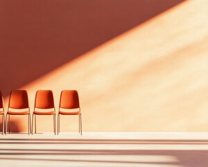 Aufkleber - Modern Minimalist Ceremony Venue Terracotta Seating Arrangement in Sunlit Hall - Professional Event Space Design for Contemporary Gathering and Venue Marketing