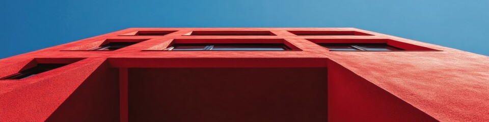 Aufkleber - Modern Architectural Facade Bold Red Concrete Building Against Clear Sky - Urban Design Content and Innovative Construction Marketing Materials