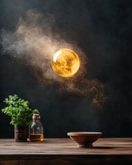 Aufkleber - Ethereal Wizardry Workspace Floating Orb and Wooden Table with Herb and Potion - Mystical Content and Educational Storytelling for Fantasy Branding