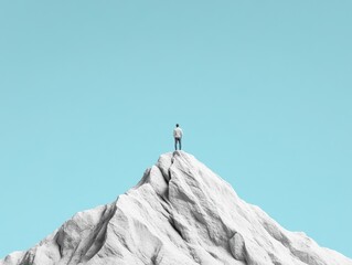 Poster - Minimalist Success Imagery Silhouette on Textured Mountain Peak Against Clear Sky - Motivational Graphic for Business Growth and Personal Development Campaigns