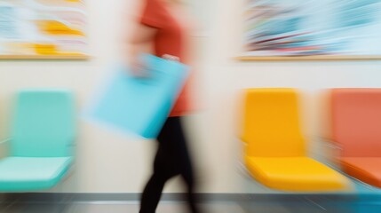 Poster - Soft Focus Motion in Modern Medical Office Vibrant Light Blue Clipboard in Action - Business Efficiency and Healthcare Marketing