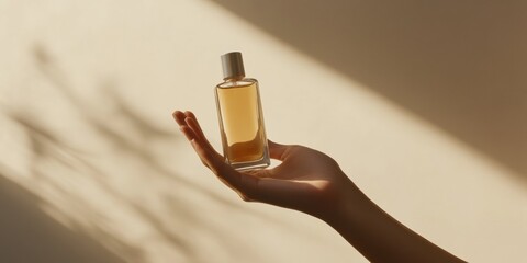 Poster - Minimalist Skincare Innovation Serene Hand Holding Glass Serum Bottle on Cream Background - Elegant Beauty Marketing and Modern Lifestyle Promotion