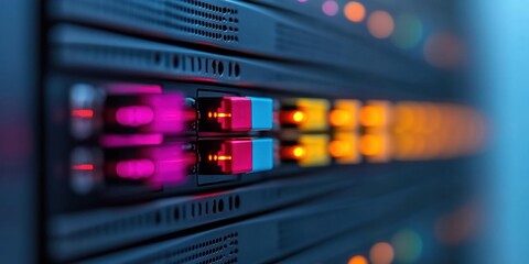 Fototapete - Vibrant Server Infrastructure Advanced LED-Lit Equipment Racks and Optical Fibers in Data Center - Cutting-Edge Digital Power for Tech-Driven Business Innovation