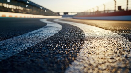 Wall Mural - a stunning close-up shot of an empty f1 track at sunset, highlighting the serene asphalt curves, ill